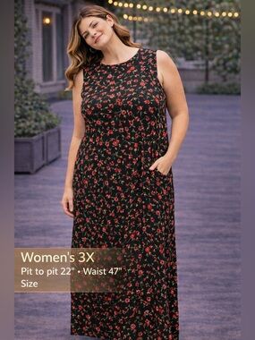 JALATE Women's Black Floral Maxi Dress - Sleeveless 3X